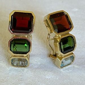 14K Yellow Gold Garnet Peridot Blue Topaz French Clip Earrings
